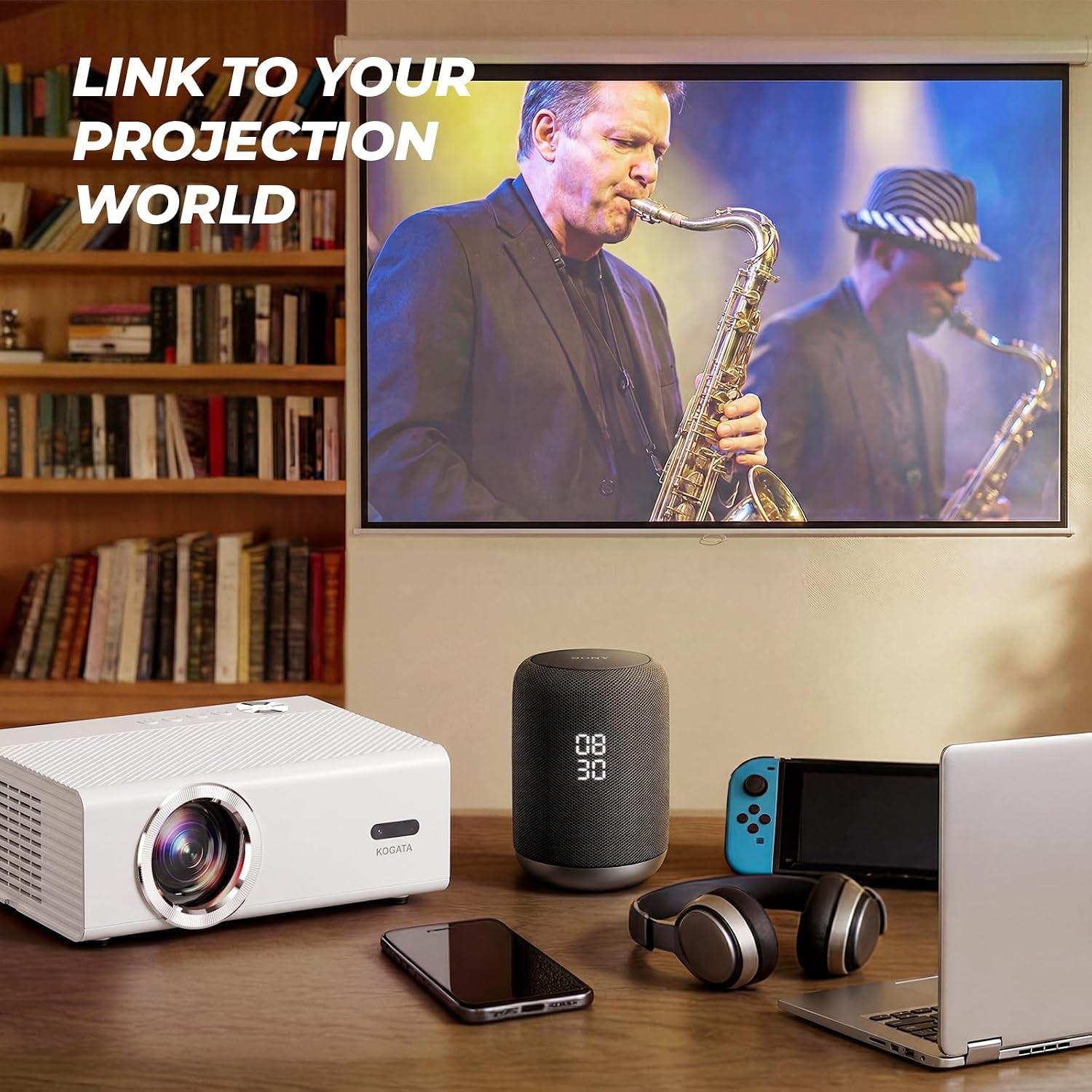 Smart Projector with Wifi Bluetooth 2000 ANSI AI Auto Focus 50W Doiby | Proyector-4K Support Official Licensed Apps,  Portable Indoor/Outdoor Movie Projector Ceiling HDR10+ Quiet