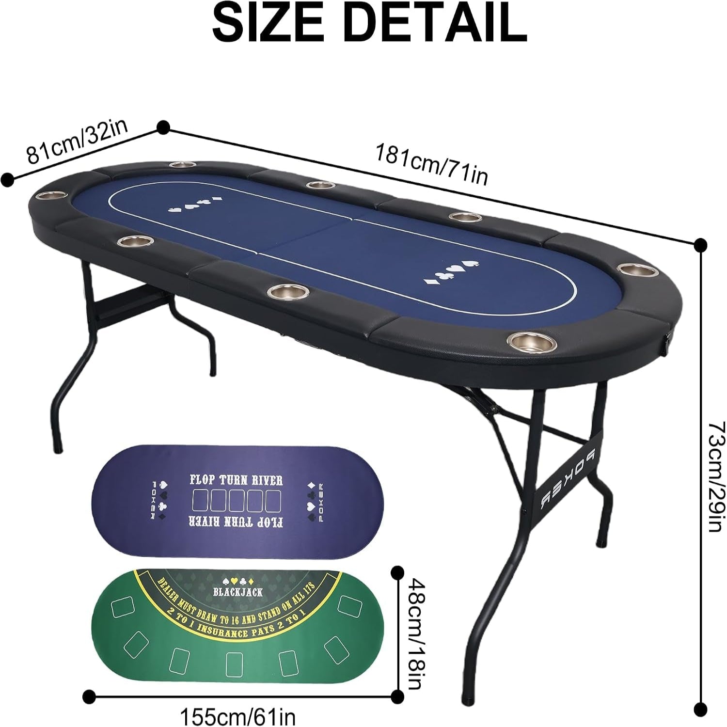 3 in 1 Foldable Poker Table with Reversible Game Mat, 8 Players Game Table with 8 Cup Holders, Suitable for Texas Holdem&Blackjack and Most of Poker Game.