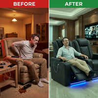 34.6"Wide Faux Leather Power Reclining Home Theater Seating Chair with Arm Storage&Dual Cup Holders&Usb Charging Port&Ambient Lighting — Before & After