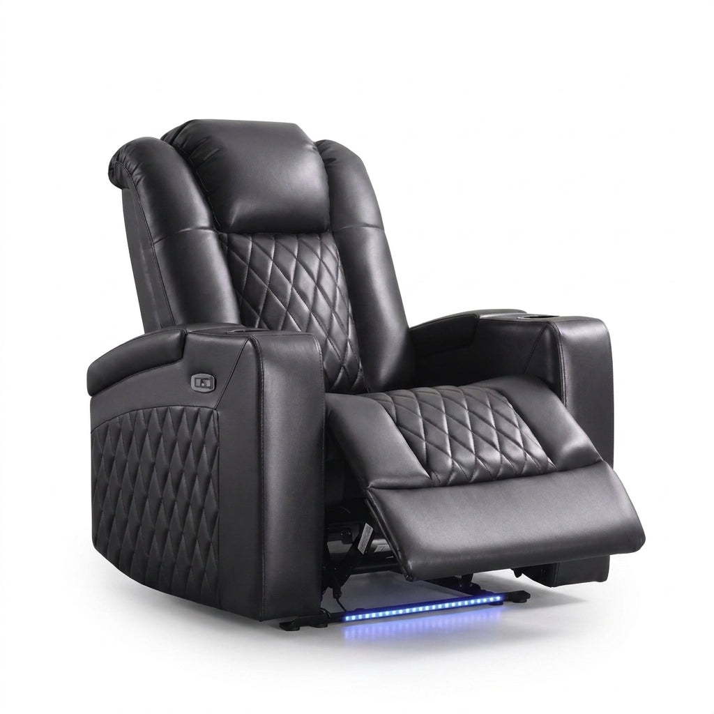 34.6"Wide Faux Leather Power Reclining Home Theater Seating Chair with Arm Storage&Dual Cup Holders&Usb Charging Port&Ambient Lighting — Studio Shot