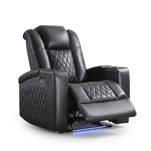 34.6"Wide Faux Leather Power Reclining Home Theater Seating Chair with Arm Storage&Dual Cup Holders&Usb Charging Port&Ambient Lighting — Studio Shot