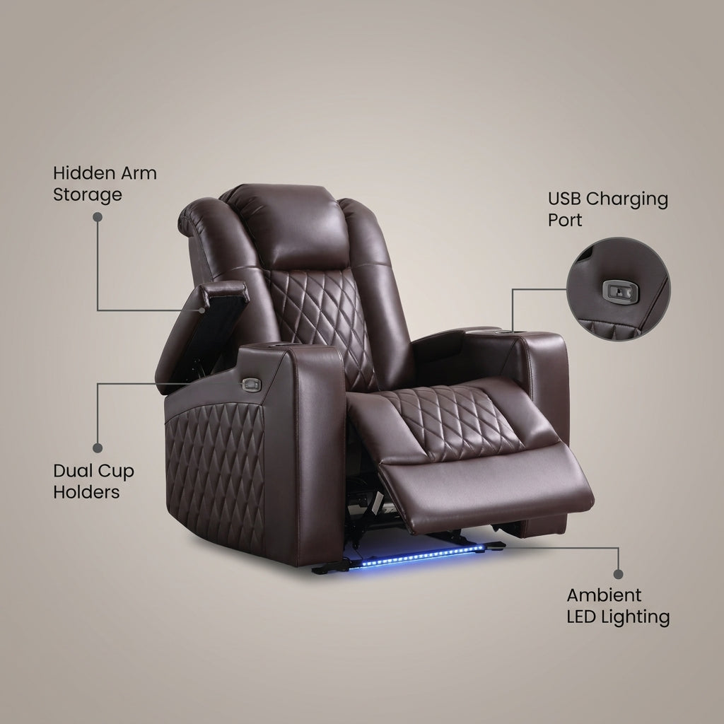 34.6"Wide Faux Leather Power Reclining Home Theater Seating Chair with Arm Storage&Dual Cup Holders&Usb Charging Port&Ambient Lighting — infographic
