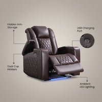 34.6"Wide Faux Leather Power Reclining Home Theater Seating Chair with Arm Storage&Dual Cup Holders&Usb Charging Port&Ambient Lighting — infographic