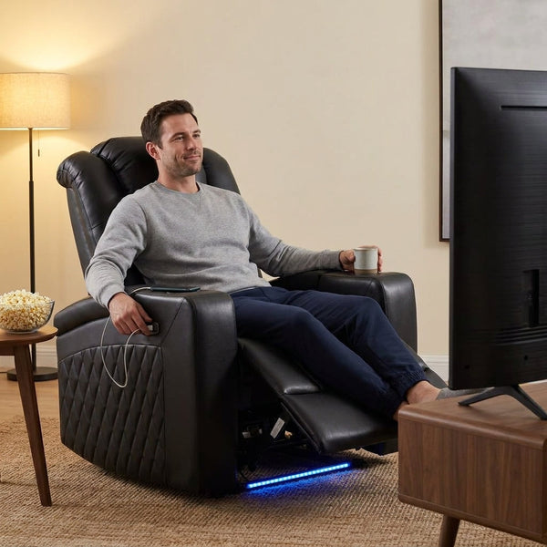 Home Theater Seating Chair Designed for Premium Comfort, Power Reclining, USB Charging, Ambient Lighting