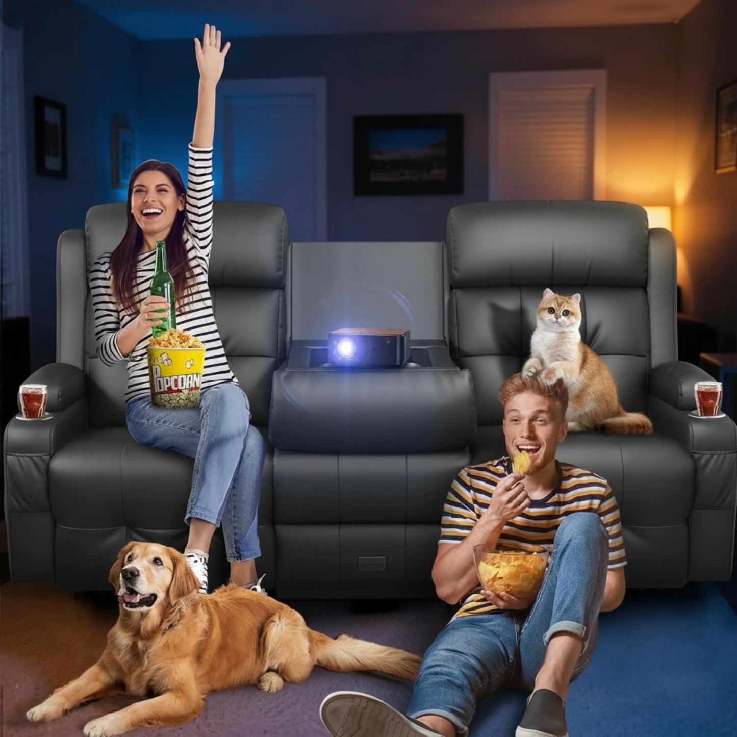 RV Reclining Sofa, Home Theater Seating Loveseat Couch with Massage | Reclining Loveseat with USB, Wall Hugger RV Couch Movie Theater Chairs, RV Furniture with Cup Holders, Drawer for Gaming Room