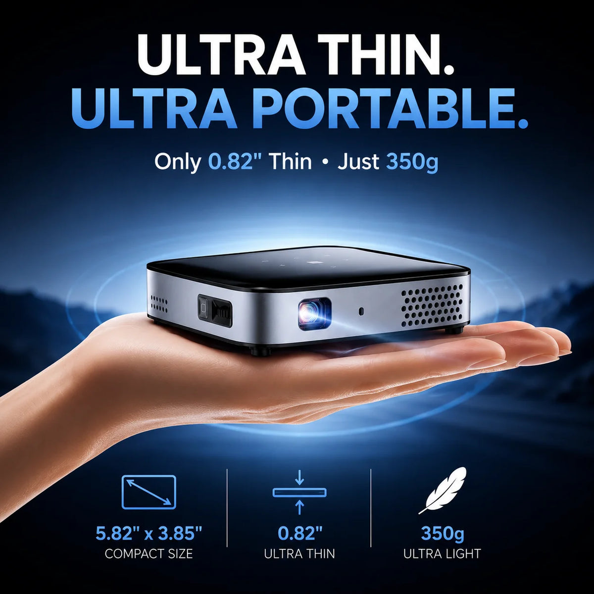 Wireless Projector, Thinnest 0.82" Portable Mini Projector, 10000Mah Built-In Battery for Instant Use, Includes Stand, Home Outdoor Projector with Wifi and Bluetooth, 4K 1080P Supported, Full HD