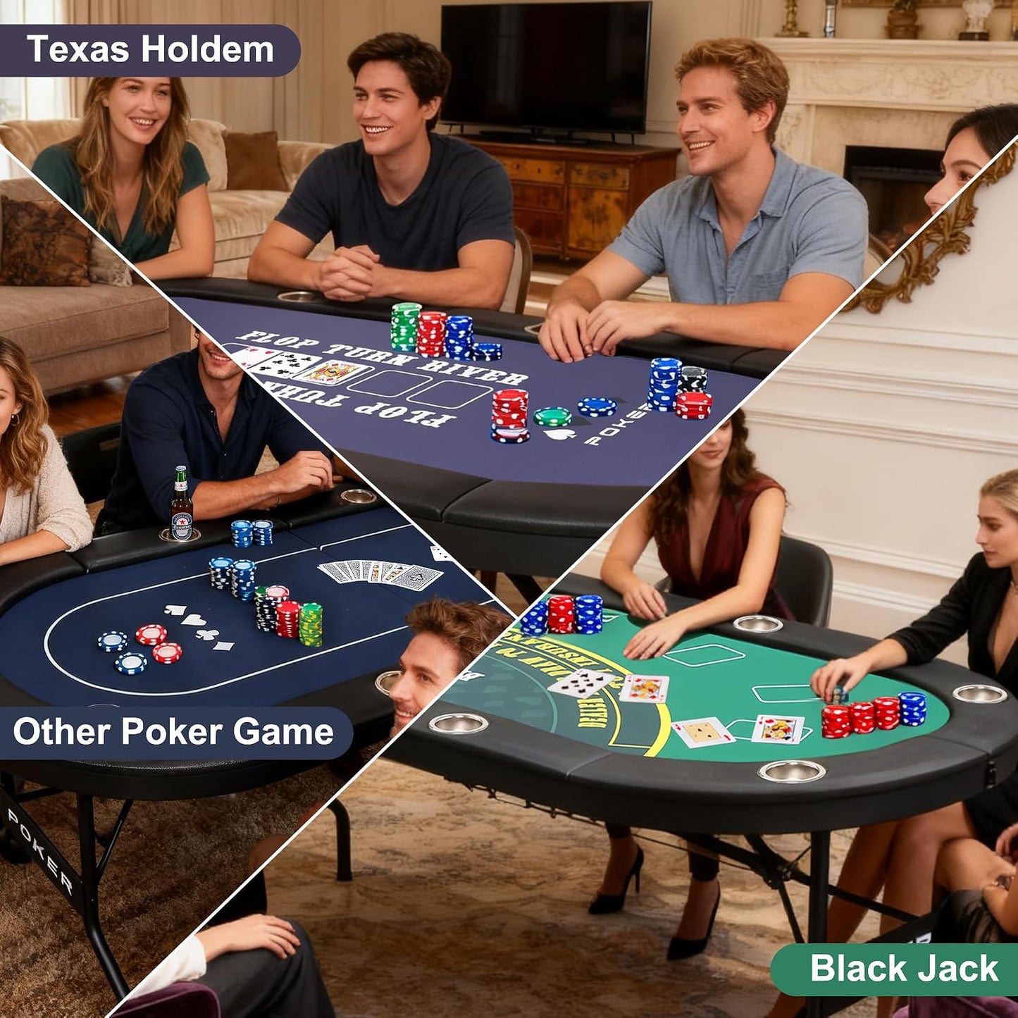 3 in 1 Foldable Poker Table with Reversible Game Mat, 8 Players Game Table with 8 Cup Holders, Suitable for Texas Holdem&Blackjack and Most of Poker Game.