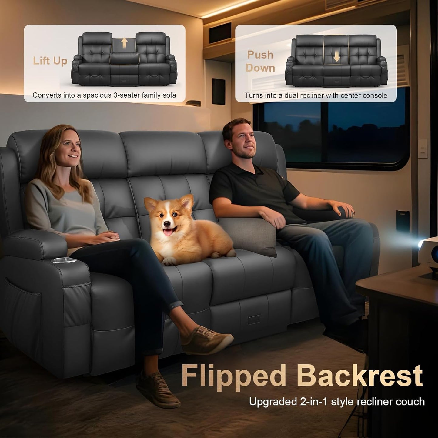 RV Reclining Sofa, Home Theater Seating Loveseat Couch with Massage | Reclining Loveseat with USB, Wall Hugger RV Couch Movie Theater Chairs, RV Furniture with Cup Holders, Drawer for Gaming Room