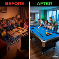 7FT Pool Table Billiard Table with Cues Rack Triangle Ball Set Brush Chalk Cubes Complete Set Pool Table for Family Friend Villa Home Office — Before & After