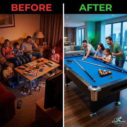 7FT Pool Table Billiard Table with Cues Rack Triangle Ball Set Brush Chalk Cubes Complete Set Pool Table for Family Friend Villa Home Office — Before & After