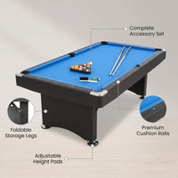 7FT Pool Table Billiard Table with Cues Rack Triangle Ball Set Brush Chalk Cubes Complete Set Pool Table for Family Friend Villa Home Office — infographic