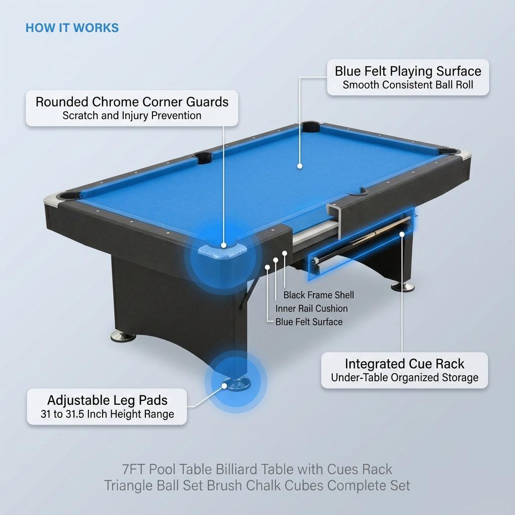 7FT Pool Table Billiard Table with Cues Rack Triangle Ball Set Brush Chalk Cubes Complete Set Pool Table for Family Friend Villa Home Office — How It Works