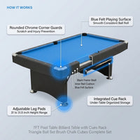 7FT Pool Table Billiard Table with Cues Rack Triangle Ball Set Brush Chalk Cubes Complete Set Pool Table for Family Friend Villa Home Office — How It Works