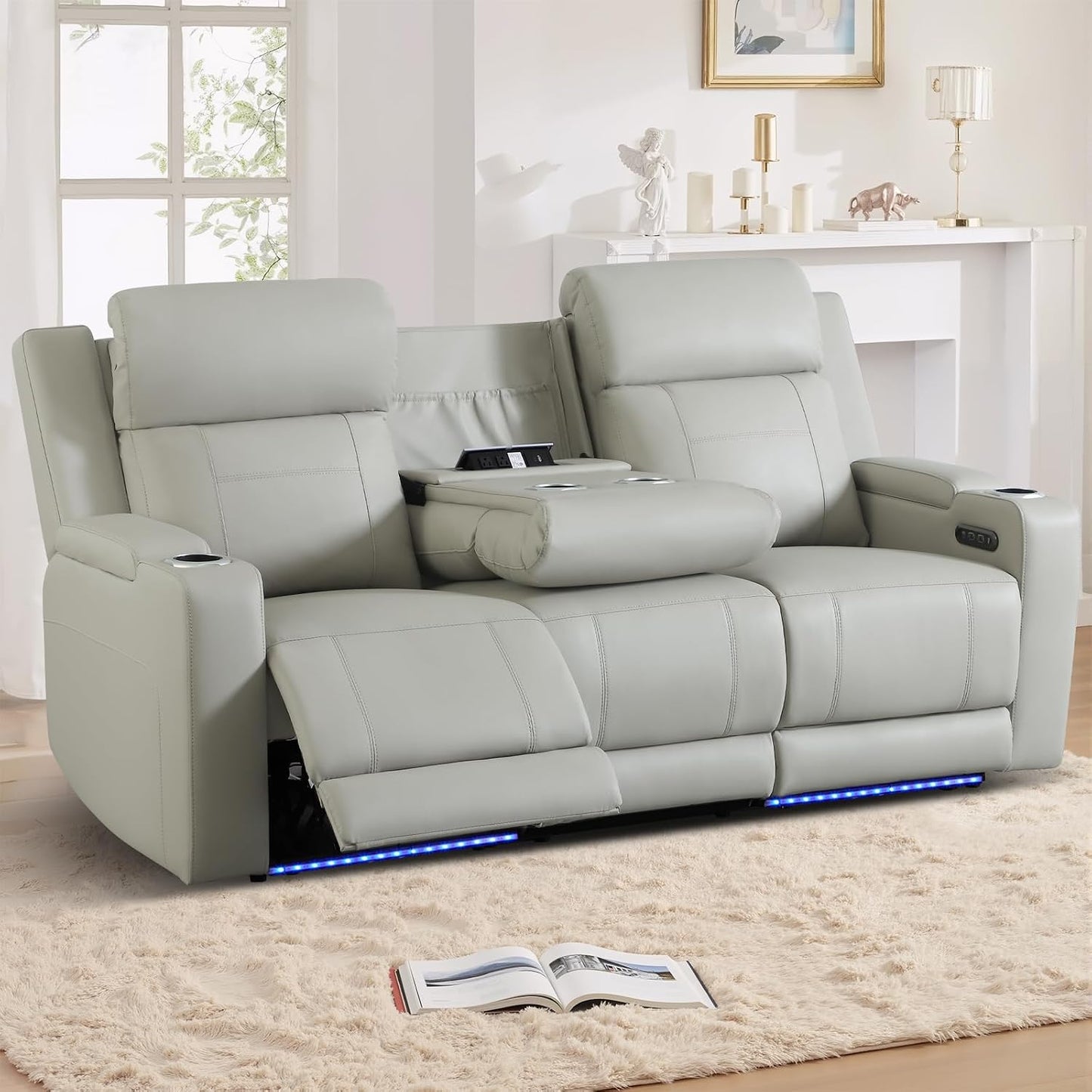 Power Recliner Sofa, Home Theater Seating with Adjustable Headrest, Blue LED Lighting, Reclining Loveseat, Flip-Up Backrest Storage, Multi-Port Charger, Cup Holder, USB