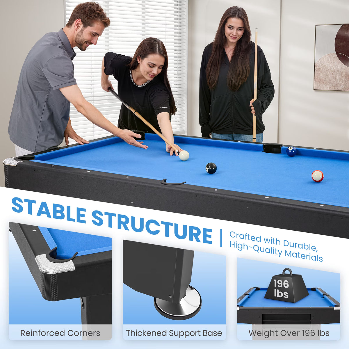 7FT Pool Table Billiard Table with Cues Rack Triangle Ball Set Brush Chalk Cubes Complete Set Pool Table for Family Friend Villa Home Office