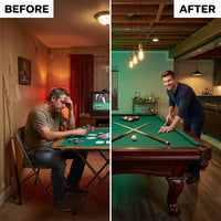 Pool Table Built for Tournament Play, 8.3 Foot Size, Cherry Finish, K-66 Bumpers, Complete Accessory Set — Before & After