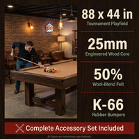 Pool Table Built for Tournament Play, 8.3 Foot Size, Cherry Finish, K-66 Bumpers, Complete Accessory Set — Results & Stats
