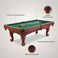 Pool Table Built for Tournament Play, 8.3 Foot Size, Cherry Finish, K-66 Bumpers, Complete Accessory Set — infographic