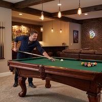 Pool Table Built for Tournament Play, 8.3 Foot Size, Cherry Finish, K-66 Bumpers, Complete Accessory Set — Lifestyle