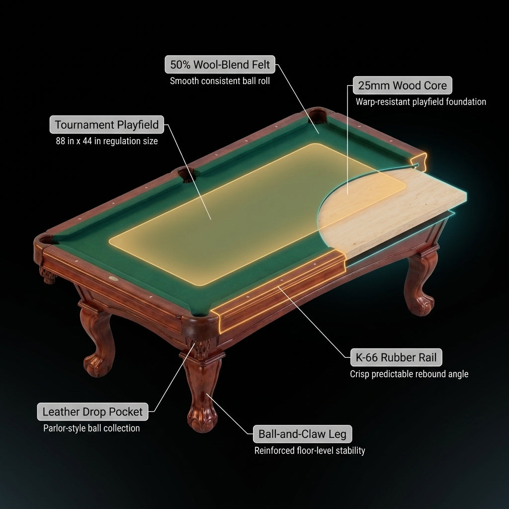 Pool Table Built for Tournament Play, 8.3 Foot Size, Cherry Finish, K-66 Bumpers, Complete Accessory Set — How It Works
