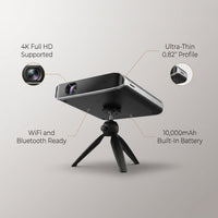 Wireless Projector, Thinnest 0.82" Portable Mini Projector, 10000Mah Built-In Battery for Instant Use, Includes Stand, Home Outdoor Projector with Wifi and Bluetooth, 4K 1080P Supported, Full HD — infographic