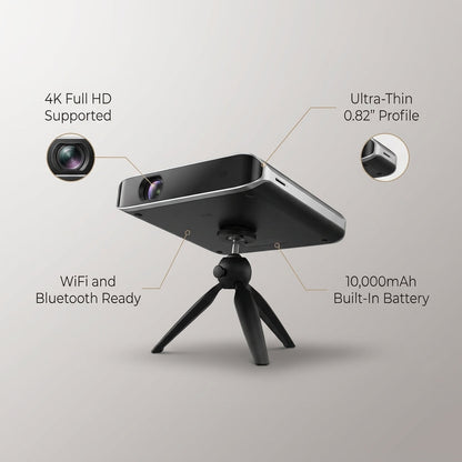 Wireless Projector, Thinnest 0.82" Portable Mini Projector, 10000Mah Built-In Battery for Instant Use, Includes Stand, Home Outdoor Projector with Wifi and Bluetooth, 4K 1080P Supported, Full HD — infographic