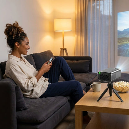 Wireless Projector, Thinnest 0.82" Portable Mini Projector, 10000Mah Built-In Battery for Instant Use, Includes Stand, Home Outdoor Projector with Wifi and Bluetooth, 4K 1080P Supported, Full HD — Lifestyle