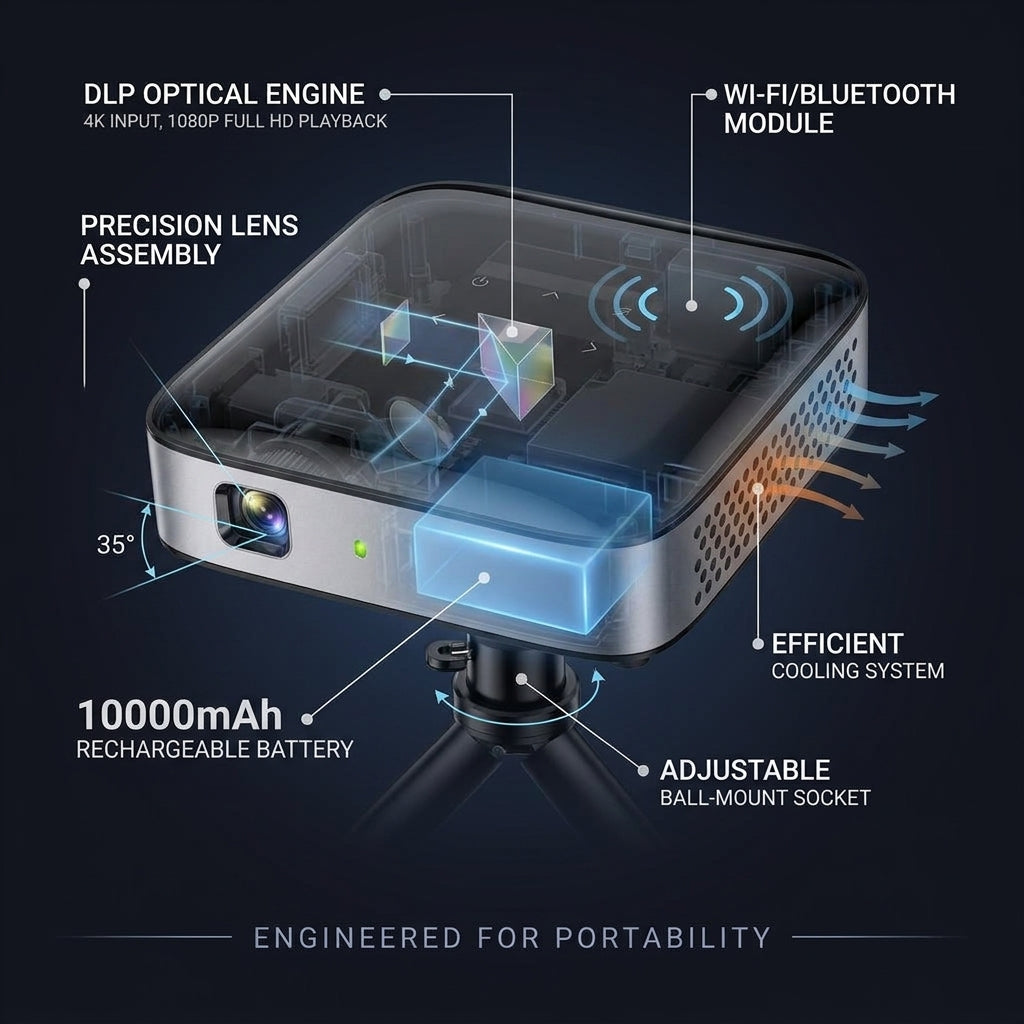 Wireless Projector, Thinnest 0.82" Portable Mini Projector, 10000Mah Built-In Battery for Instant Use, Includes Stand, Home Outdoor Projector with Wifi and Bluetooth, 4K 1080P Supported, Full HD — How It Works