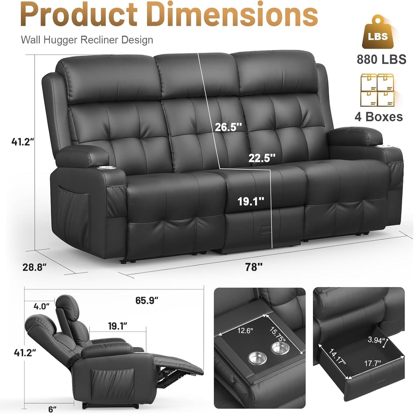 RV Reclining Sofa, Home Theater Seating Loveseat Couch with Massage | Reclining Loveseat with USB, Wall Hugger RV Couch Movie Theater Chairs, RV Furniture with Cup Holders, Drawer for Gaming Room