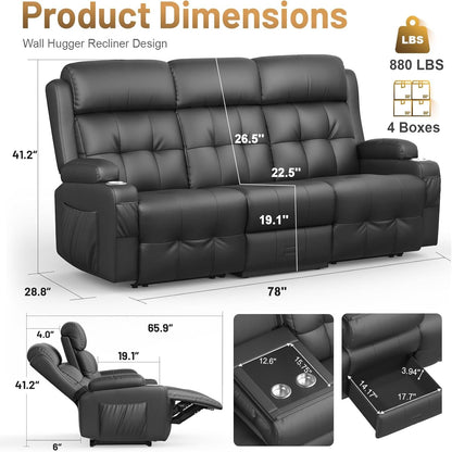 RV Reclining Sofa, Home Theater Seating Loveseat Couch with Massage | Reclining Loveseat with USB, Wall Hugger RV Couch Movie Theater Chairs, RV Furniture with Cup Holders, Drawer for Gaming Room