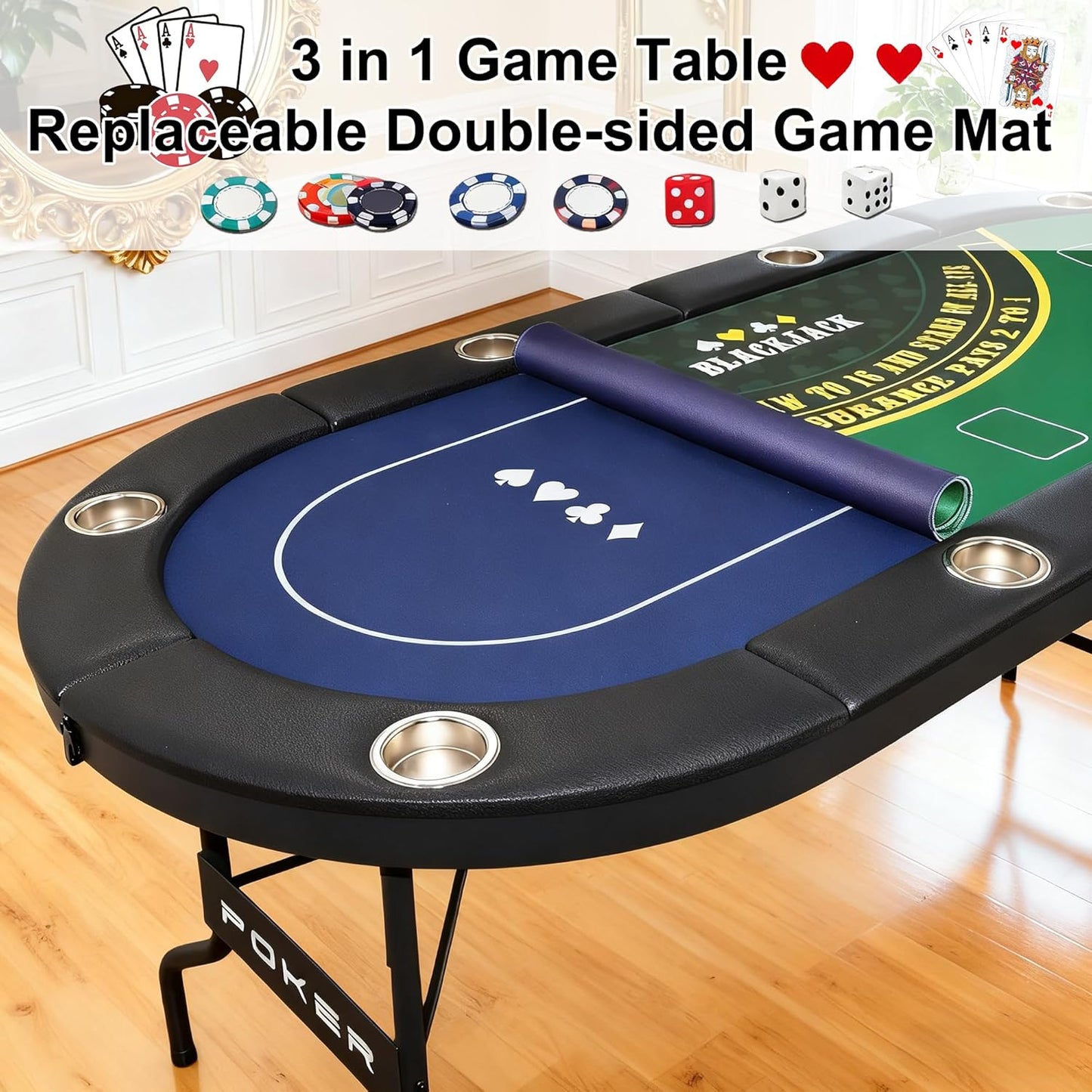 3 in 1 Foldable Poker Table with Reversible Game Mat, 8 Players Game Table with 8 Cup Holders, Suitable for Texas Holdem&Blackjack and Most of Poker Game.