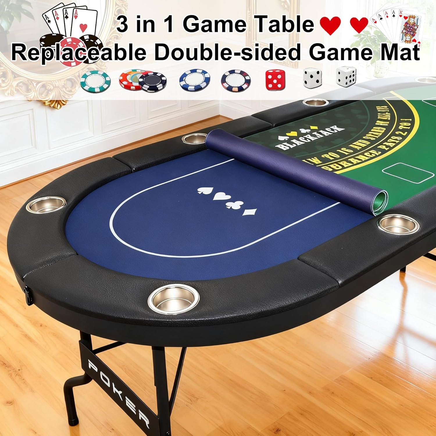 3 in 1 Foldable Poker Table with Reversible Game Mat, 8 Players Game Table with 8 Cup Holders, Suitable for Texas Holdem&Blackjack and Most of Poker Game.
