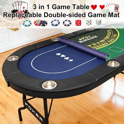 3 in 1 Foldable Poker Table with Reversible Game Mat, 8 Players Game Table with 8 Cup Holders, Suitable for Texas Holdem&Blackjack and Most of Poker Game.