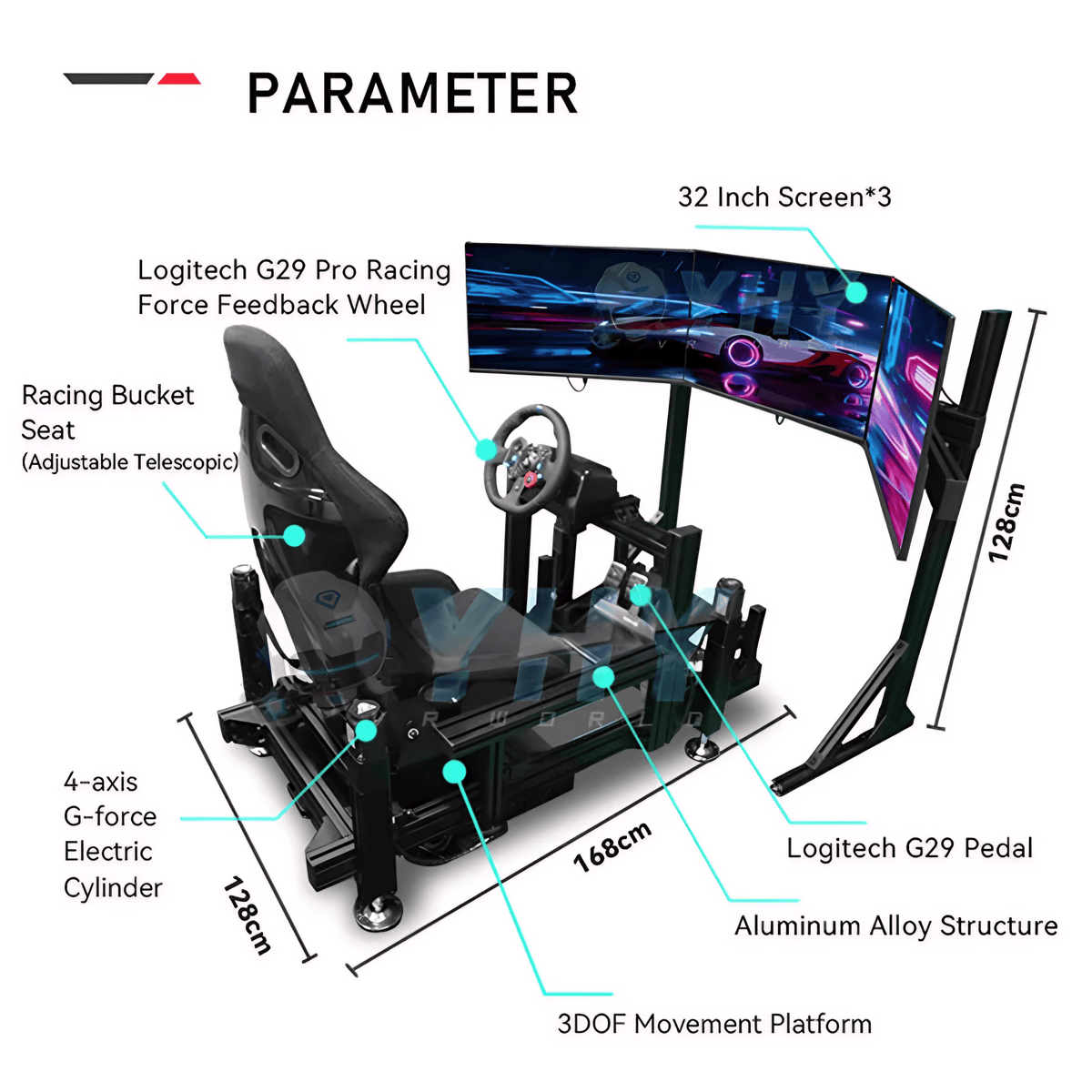 YHY Motion Racing Simulator with Triple Screens & Logitech G29